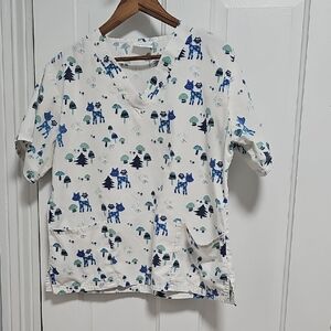 Animal Print Scrub Shirt Deer Owl And Mushroom
